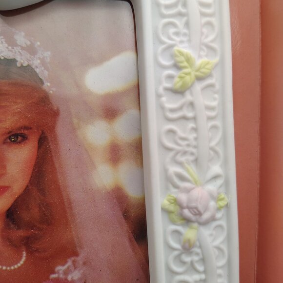 Wedding Day Photo Frame 3.5x5 Bride Picture White Ceramic Bells Flowers 1989 - Picture 10 of 14